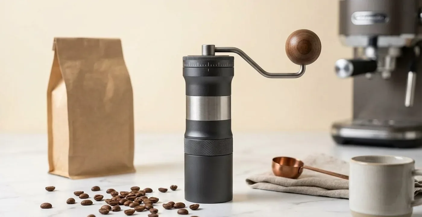 1Zpresso J-Ultra hand grinder with external numbered dial and magnetic catch cup