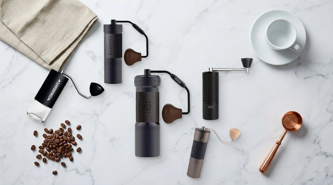 1Zpresso K-Ultra hand grinder on a coffee brewing station
