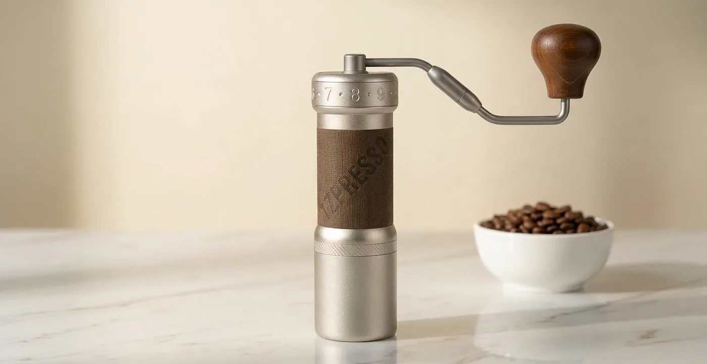 1Zpresso Q2 hand grinder on a travel-worn wooden surface next to a V60 dripper and cup of filter coffee