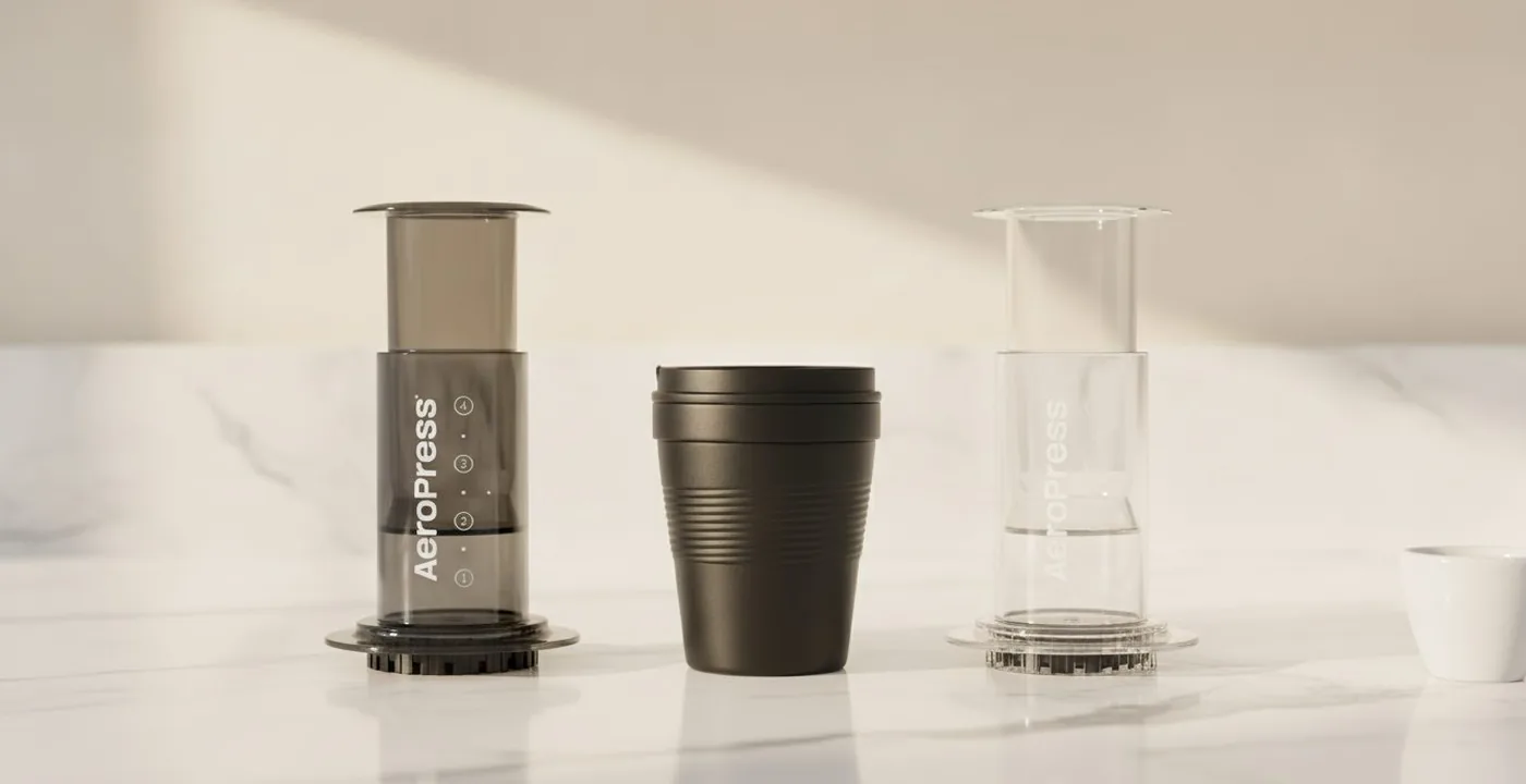 AeroPress Original brewer with cup of coffee on a kitchen counter
