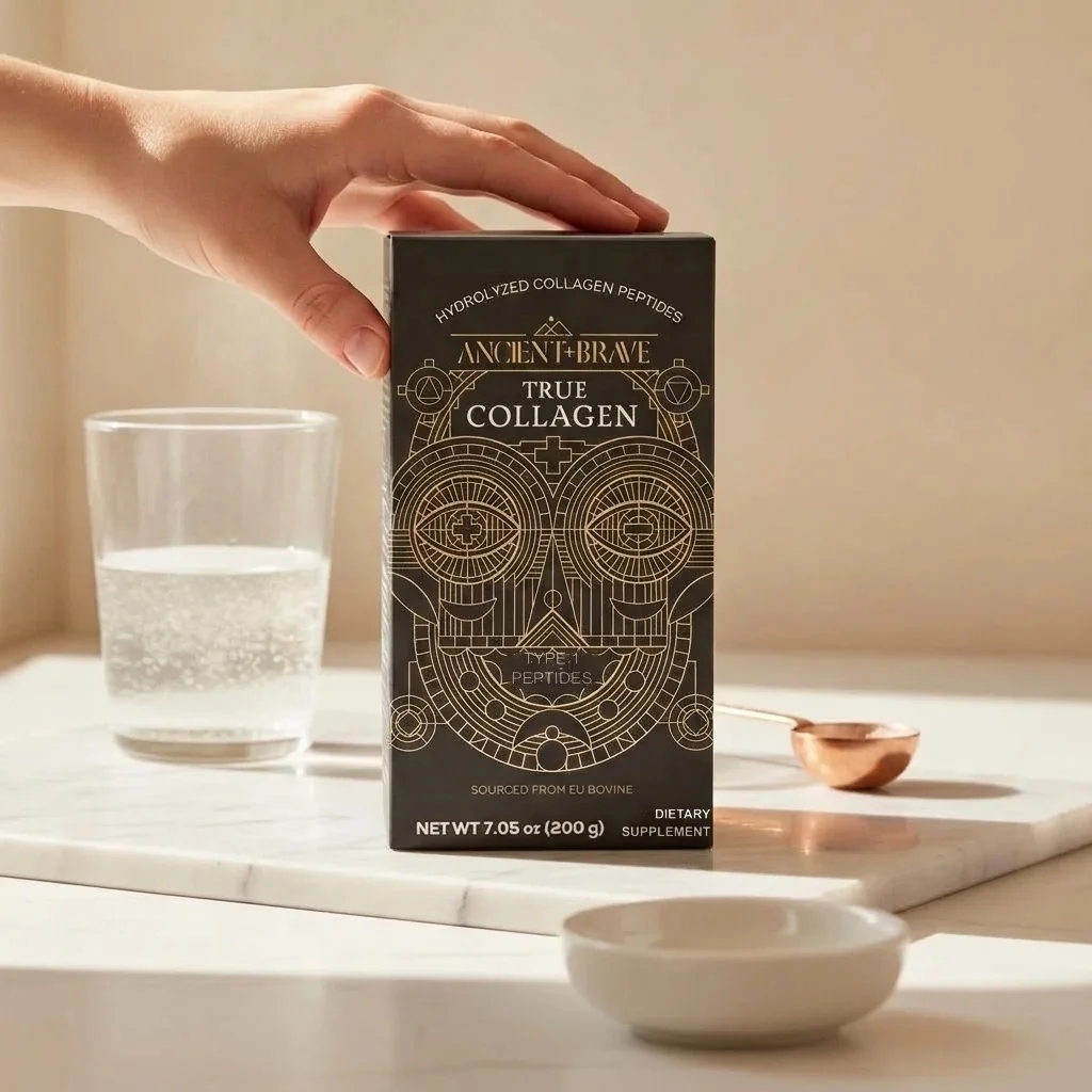 Ancient + Brave True Collagen powder pouch on a clean white surface
