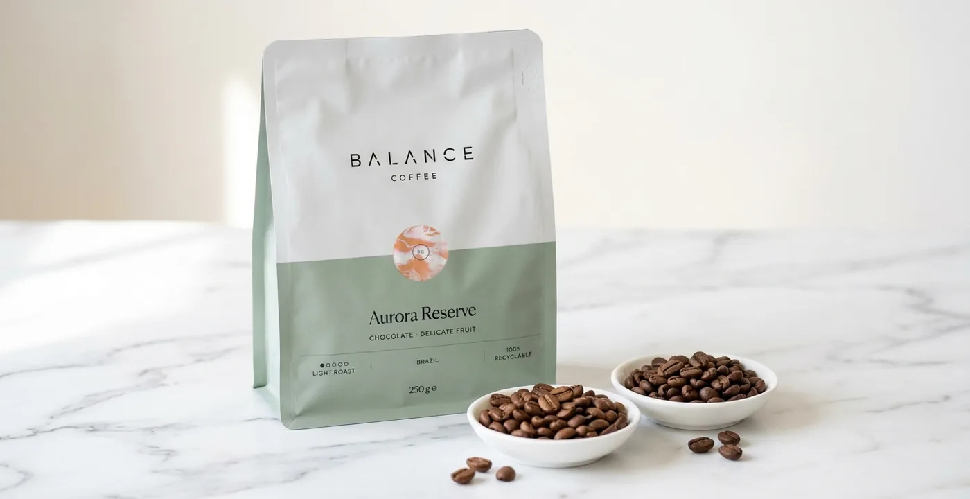 Balance Coffee Aurora Reserve single-origin arabica bag on white marble beside two dishes of roasted beans, arabica on the left and robusta on the right