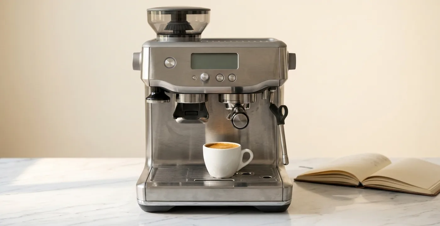 Home espresso machine on a kitchen counter next to a cup of coffee and cost breakdown notes