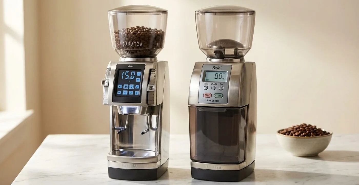 Baratza Forte AP grinder on a kitchen counter next to a portafilter