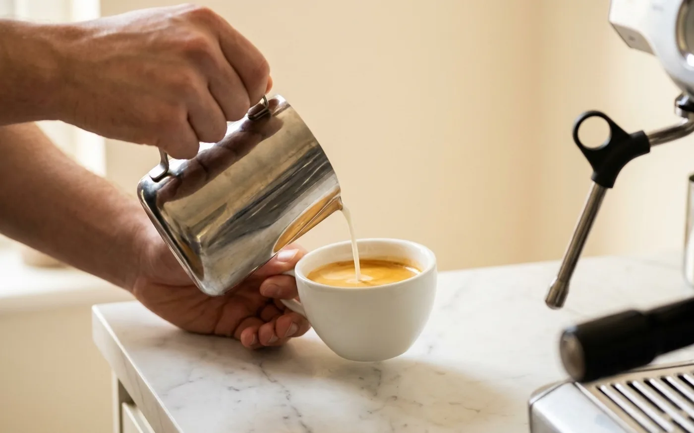 Latte art milk steaming technique at a UK barista lesson