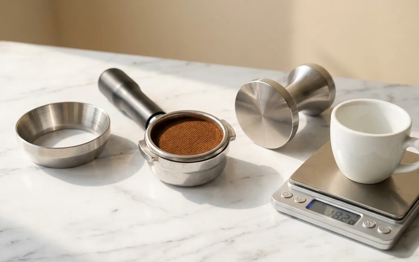 Professional barista tools including tamper and portafilter