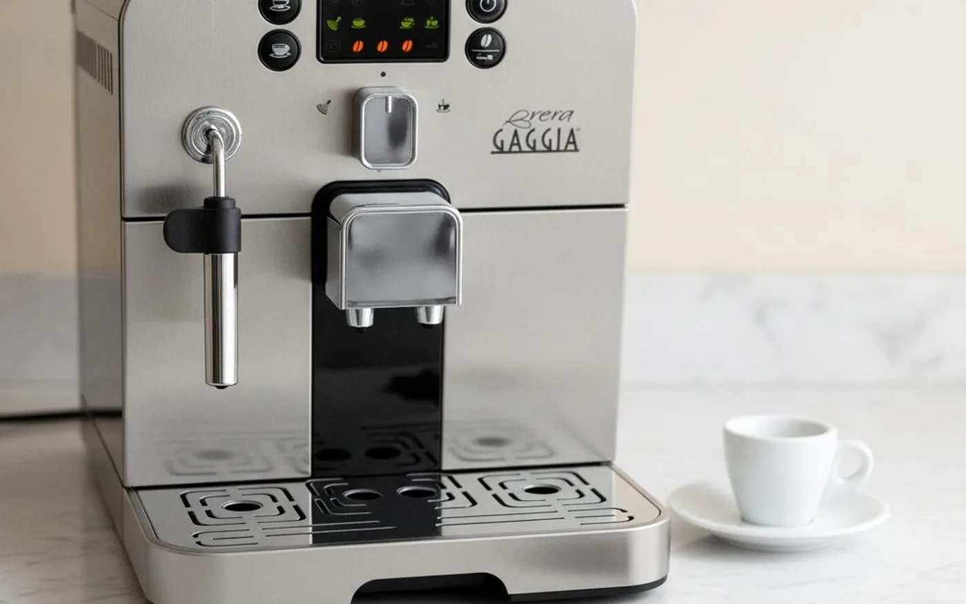 Gaggia Brera in chrome finish on a kitchen worktop