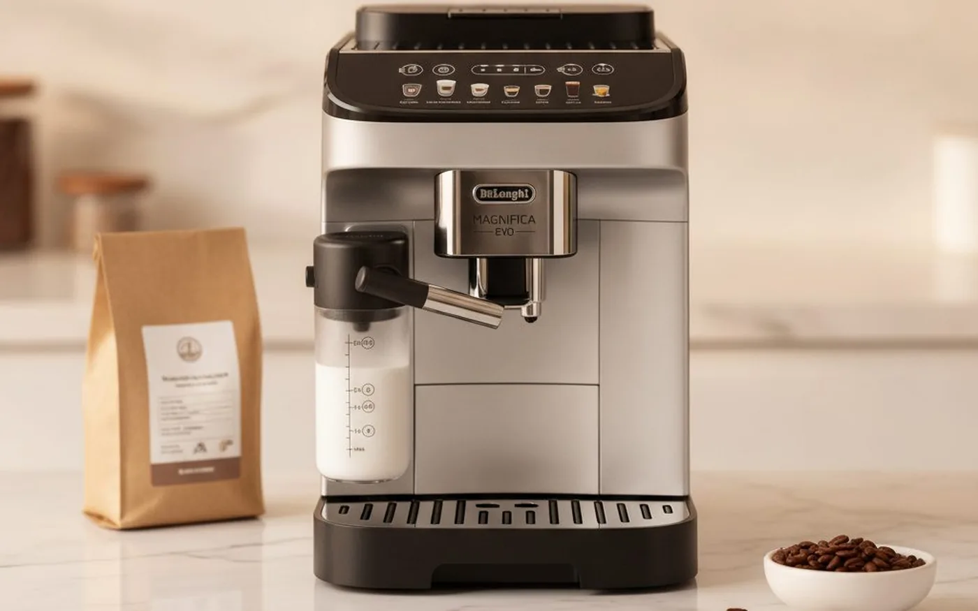 De'Longhi Magnifica Evolution and Gaggia Anima side by side on a kitchen counter