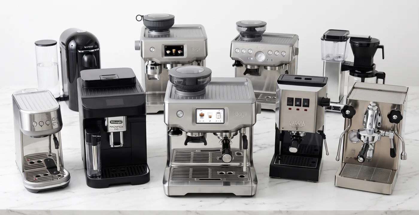 Best coffee machines UK 2026 - a selection of espresso and filter machines on a kitchen counter