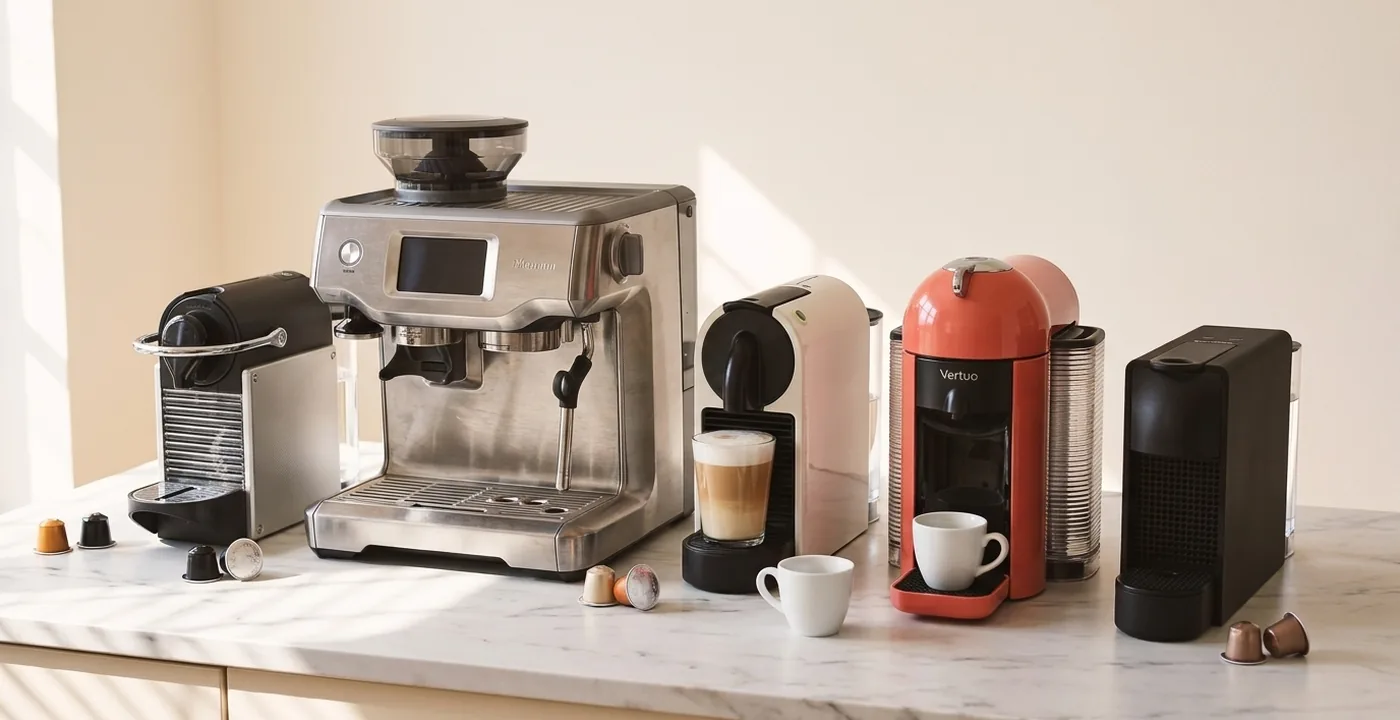 Four pod coffee machines arranged on a white marble counter including the Sage Creatista Plus, Nespresso Vertuo Pop, Nespresso Essenza Mini, and De'Longhi Lattissima One