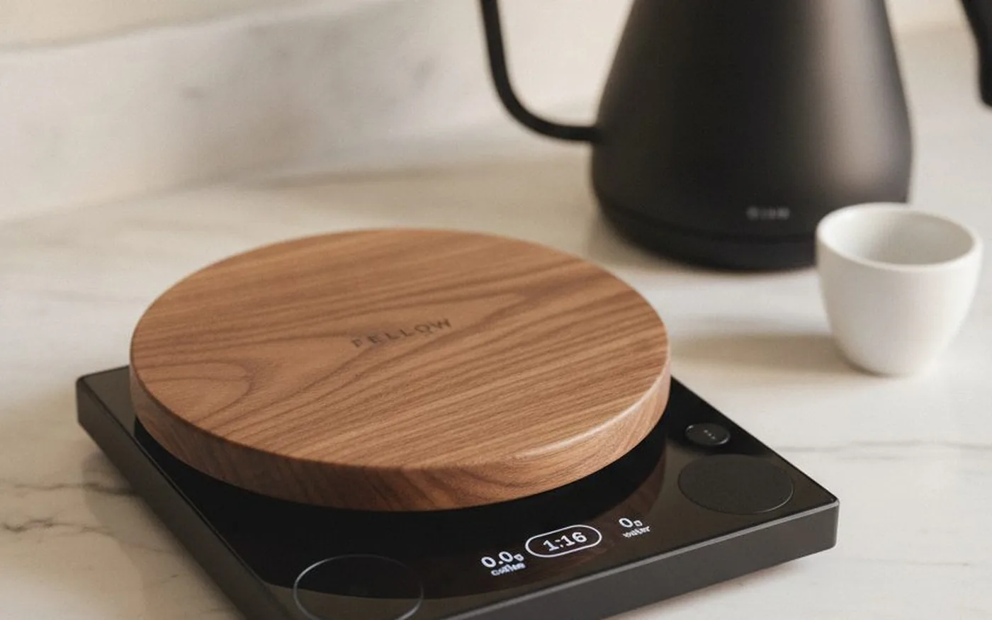 Fellow Tally Pro coffee scale with minimalist design on a kitchen counter