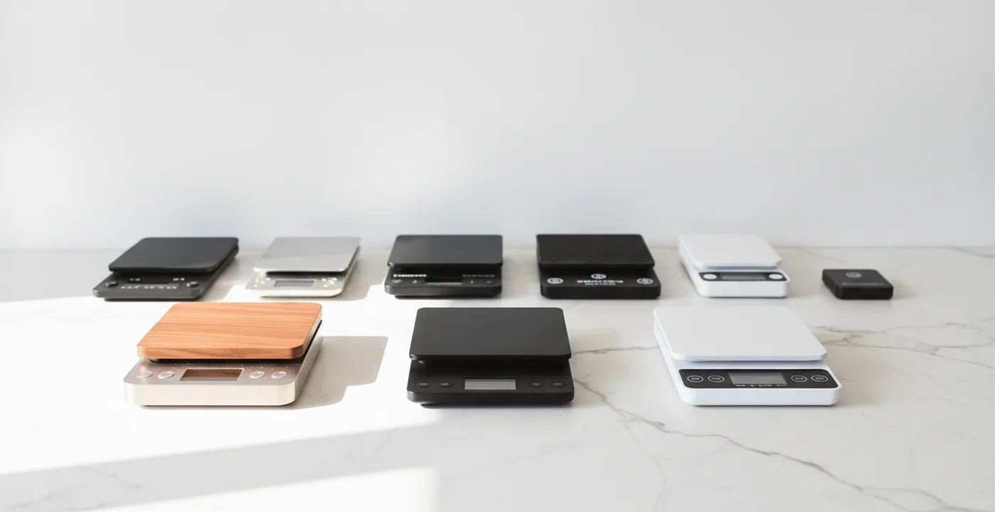 Seven coffee scales arranged on a wooden bench for testing
