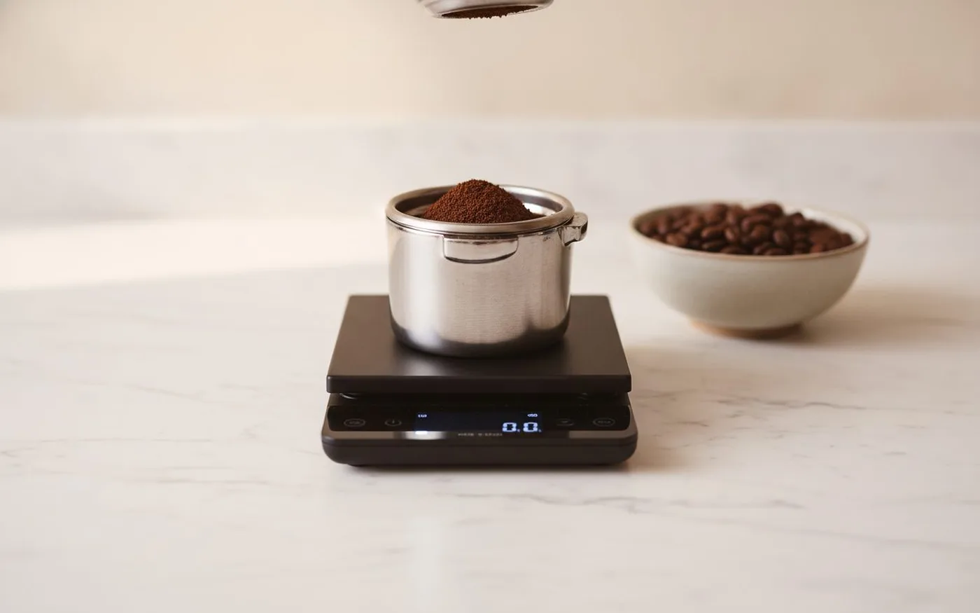 Coffee scale showing live weight reading under an espresso portafilter during extraction