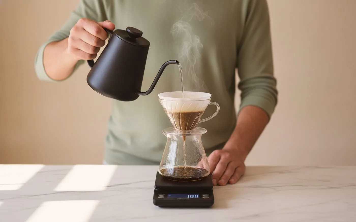 Coffee scale with a V60 dripper and server showing water weight during a pour over brew