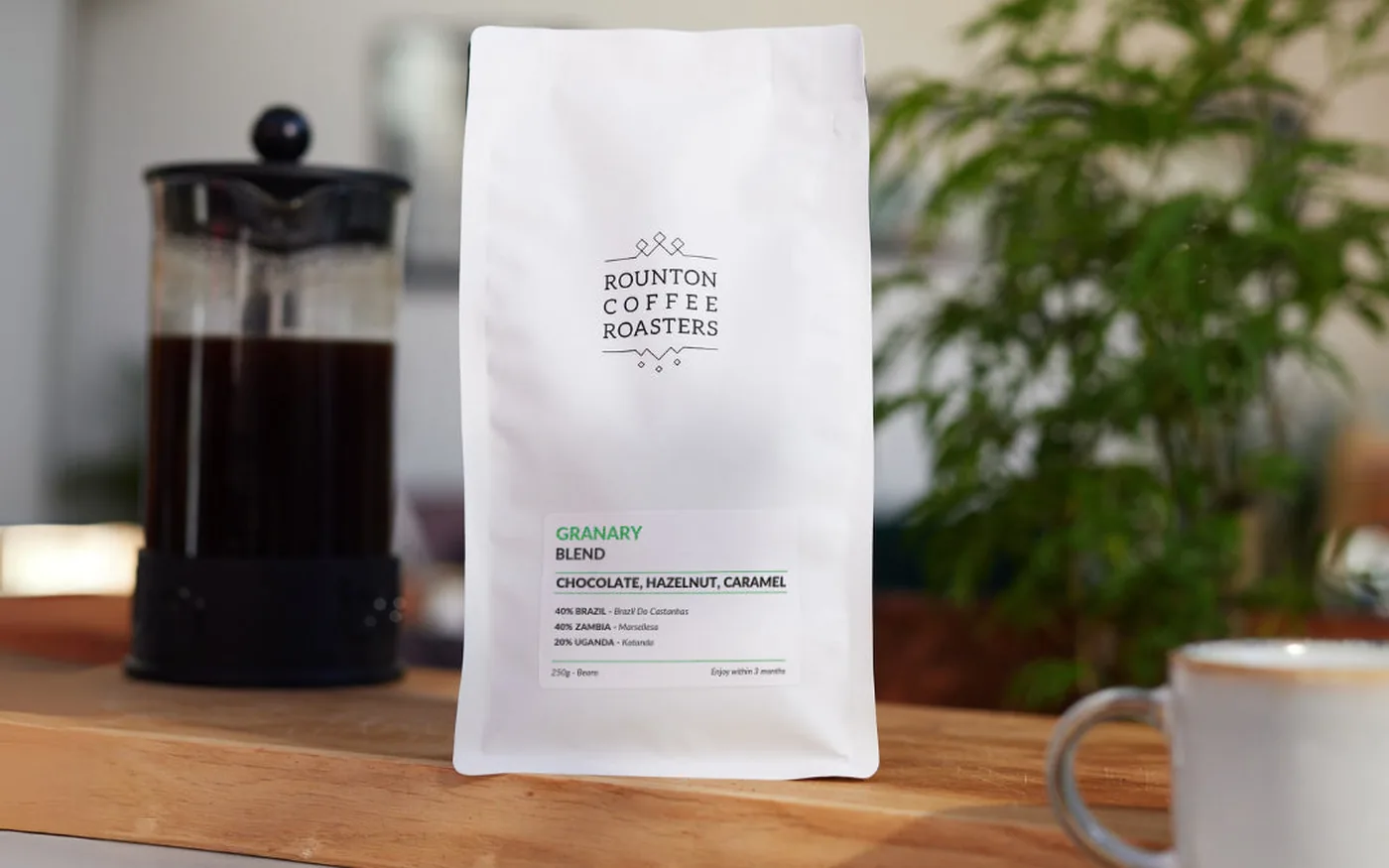 Rounton Coffee Roasters Granary Blend bag beside a cafetiere