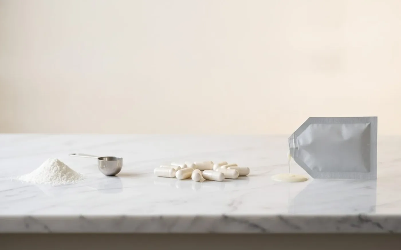 Comparison of collagen powder and capsule formats side by side