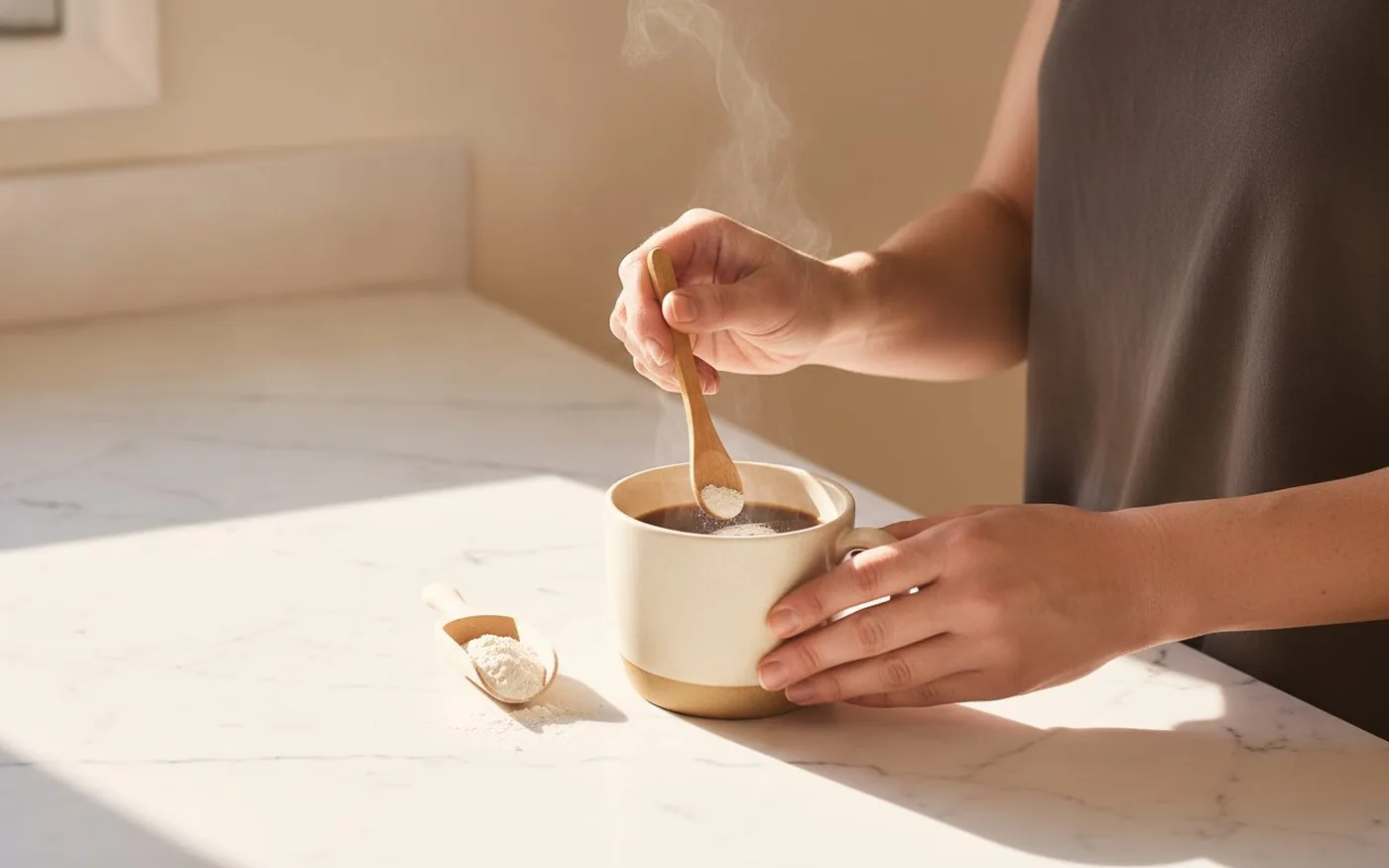 Woman stirring collagen powder into a cup of coffee on a marble kitchen counter