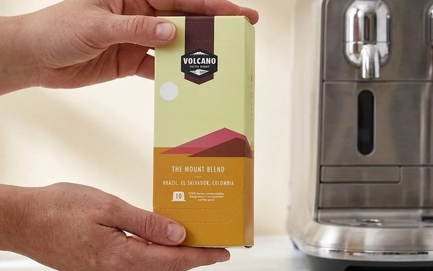 Volcano Coffee Works compostable coffee pod box on a white marble countertop