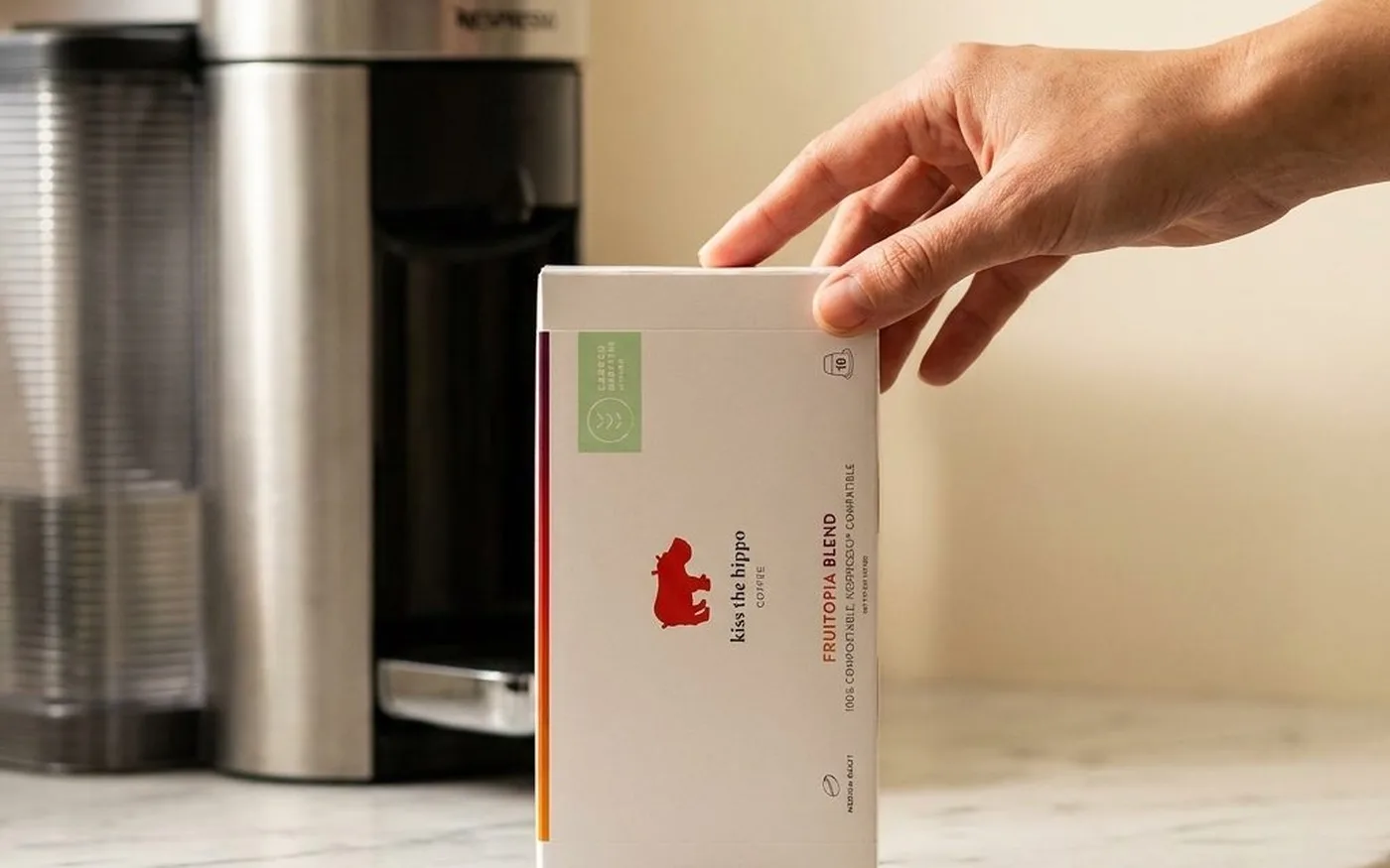 Kiss the Hippo Fruitopia Blend compostable Nespresso-compatible coffee pod box