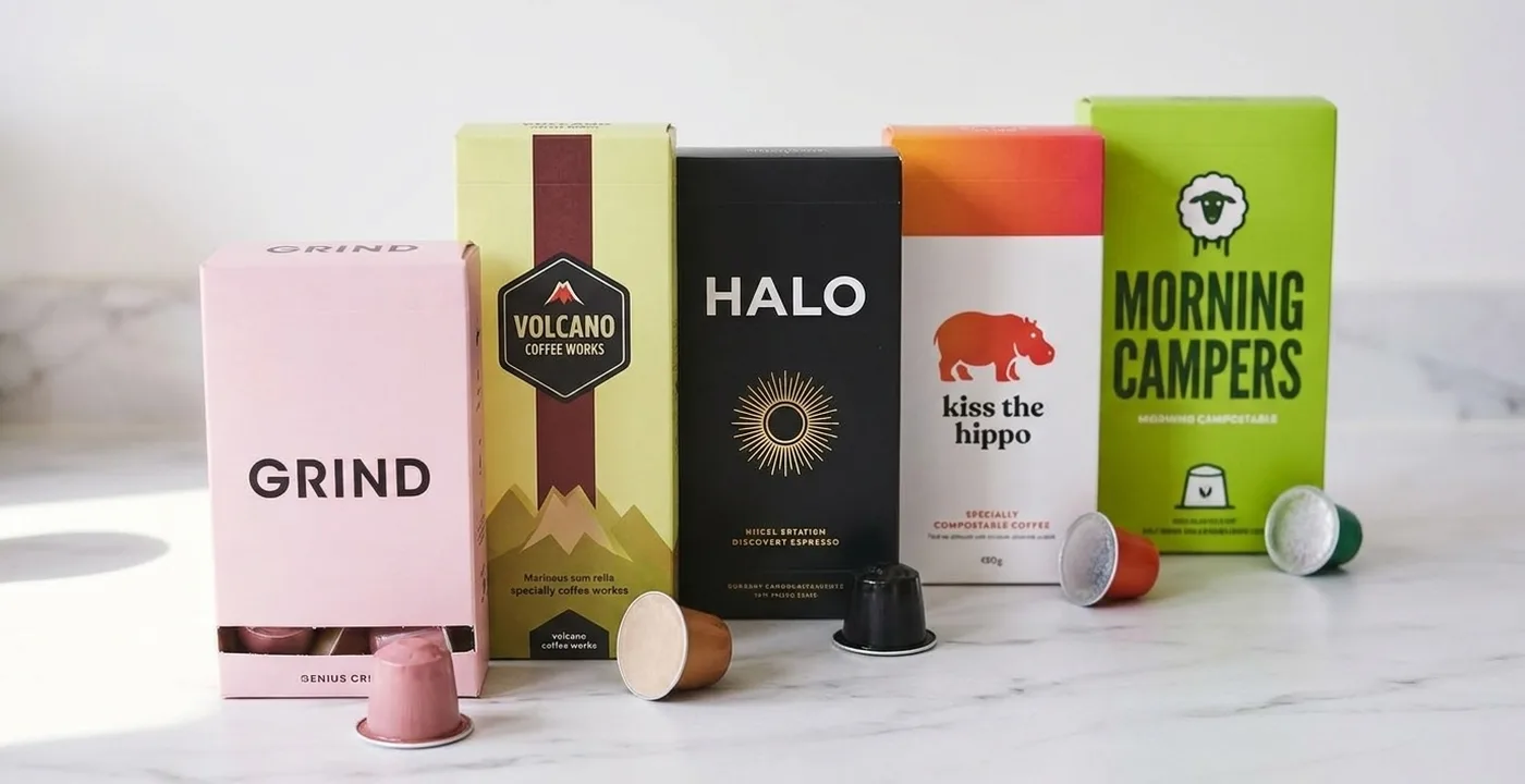 Compostable coffee pod boxes from Grind, Volcano Coffee Works, Halo, Kiss the Hippo, and Lost Sheep Coffee arranged on a white marble countertop