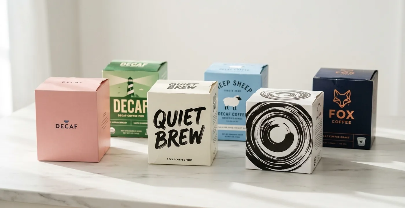 A flat-lay of seven decaf coffee pod boxes with Nespresso-compatible aluminium capsules, dark roasted coffee beans, ground coffee and a ceramic espresso cup on a white marble surface