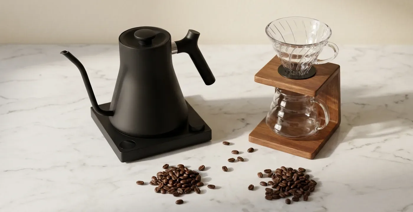 A Fellow Stagg EKG gooseneck kettle on a kitchen counter next to a V60 pour-over setup