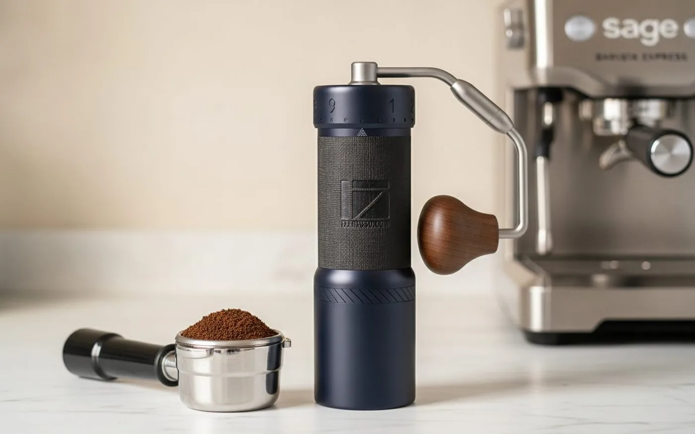 1Zpresso J-Ultra with portafilter filled, Sage Barista Express in background