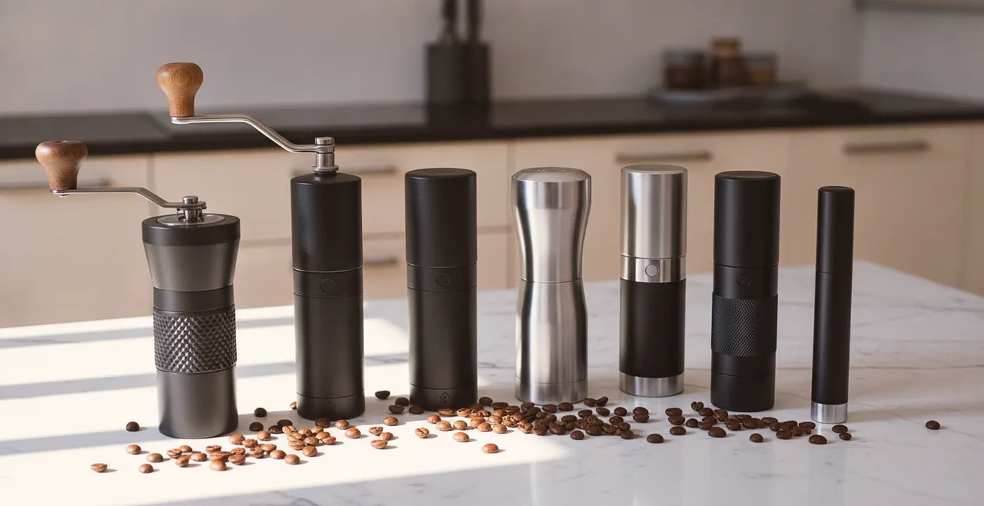 Best manual coffee grinders 2026 - 1Zpresso J-Ultra, Comandante C40 MK4, and Timemore Chestnut C3 on a coffee bar
