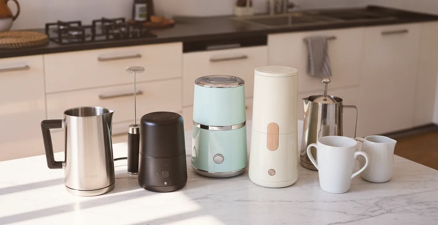 Best milk frothers UK 2026 including the Nespresso Aeroccino 4 and Sage Milk Cafe BMF600 on a kitchen counter