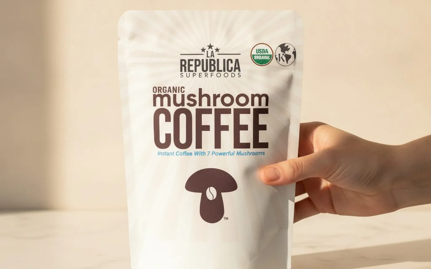 La Republica Organic Mushroom Coffee bag with USDA organic seal