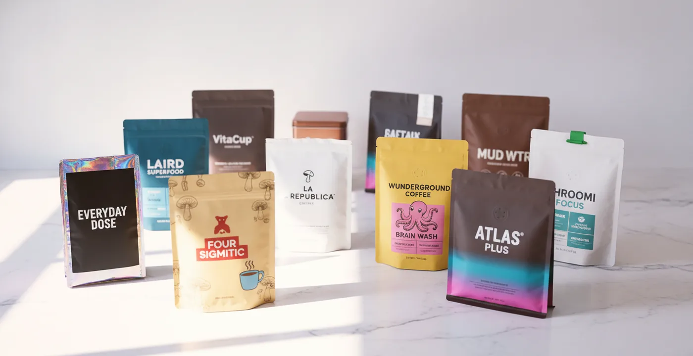 Best mushroom coffee brands lined up showing labels and packaging