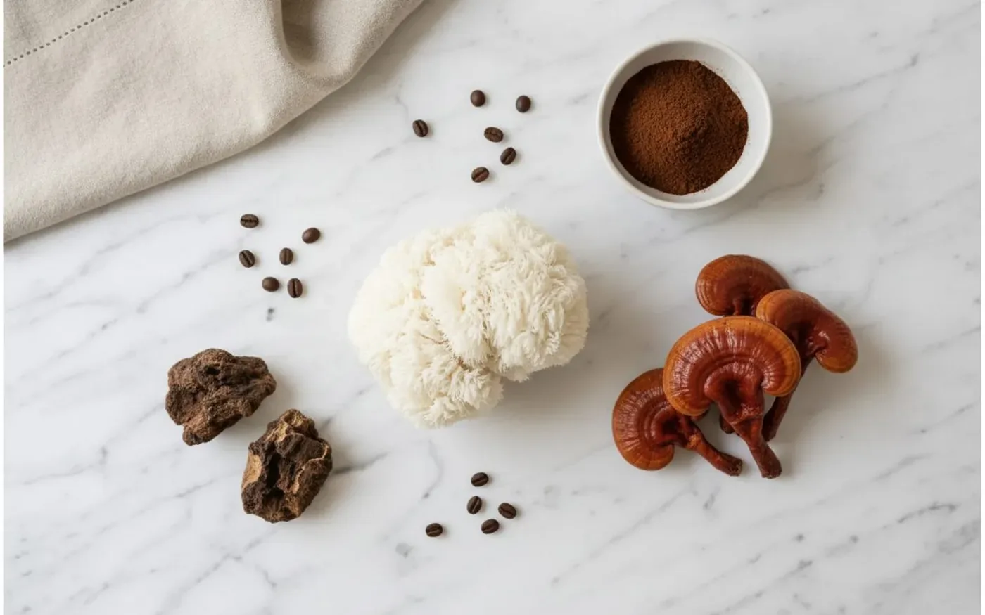 Functional mushroom coffee ingredients - Lion's Mane, Chaga, Cordyceps