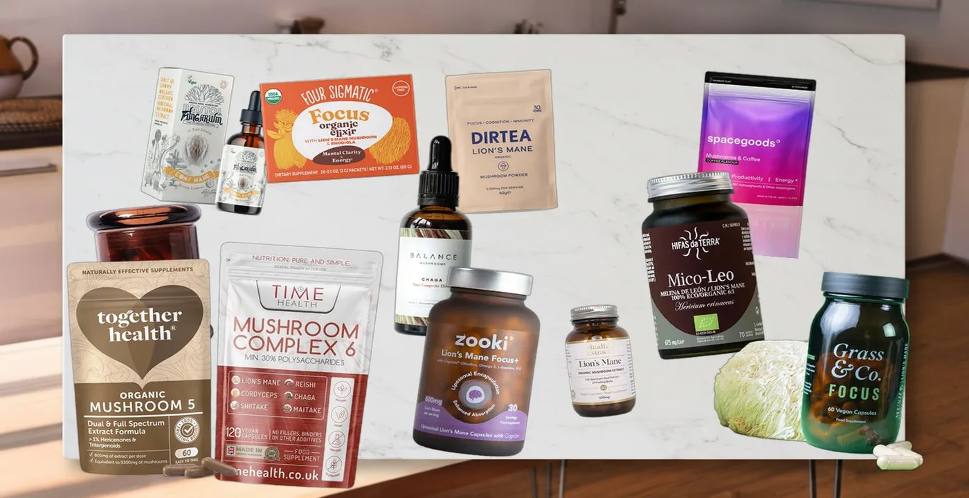 Best mushroom supplements in the UK on a marble counter, including Bristol Fungarium, DIRTEA, Spacegoods and Four Sigmatic