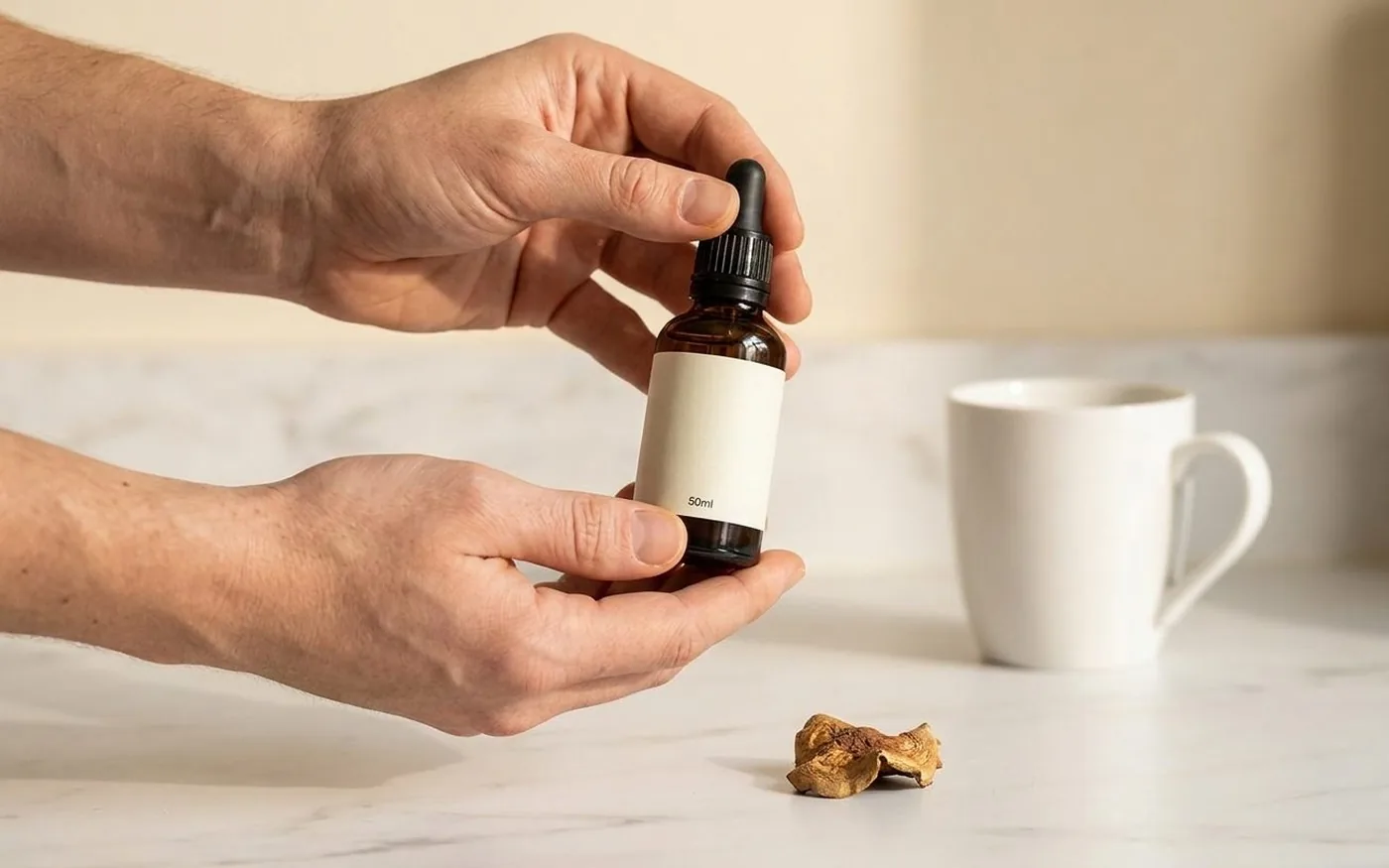 No Ordinary Moments mushroom tincture dropper bottle on white marble