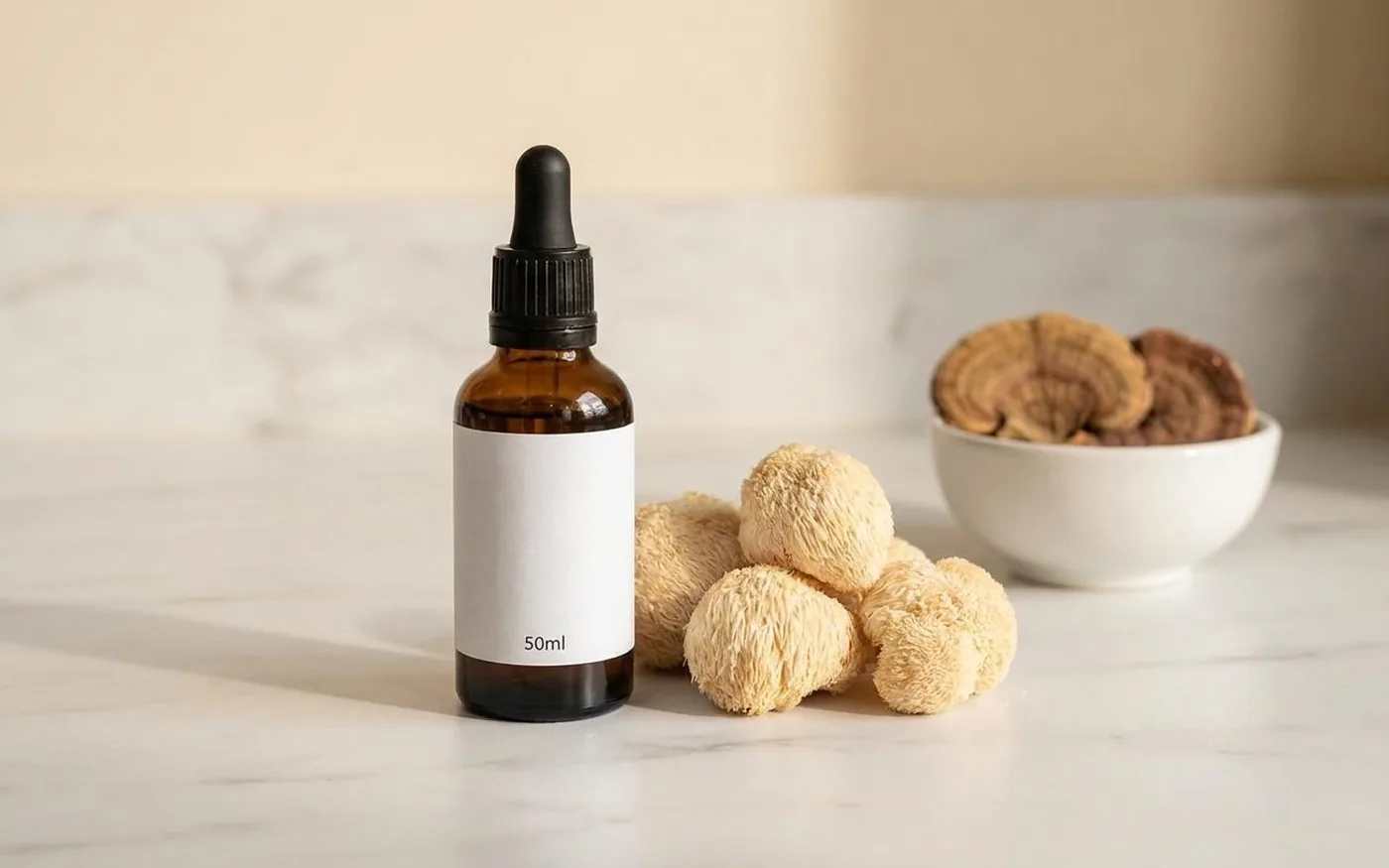 Mushroom tincture extraction process - amber dropper bottle with dried lion's mane and reishi mushrooms on white marble