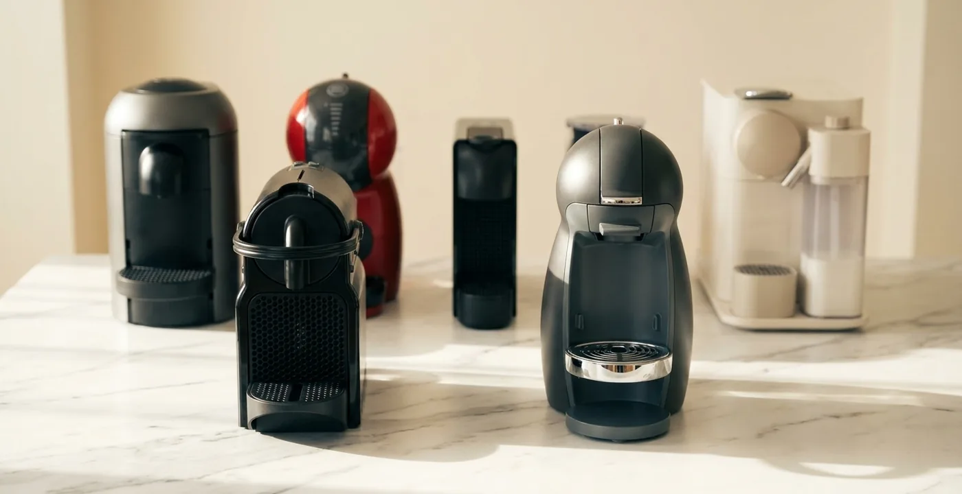 Five Nespresso coffee machines lined up on a white marble countertop, showing the range from compact Original line espresso machines to Vertuo models and milk machine