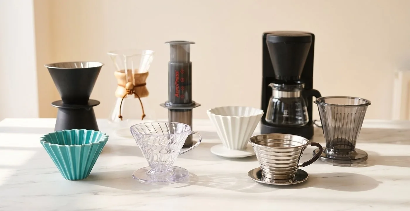 Nine pour over coffee makers lined up on a marble counter, from the Origami and Hario V60 to the Chemex and Fellow Stagg