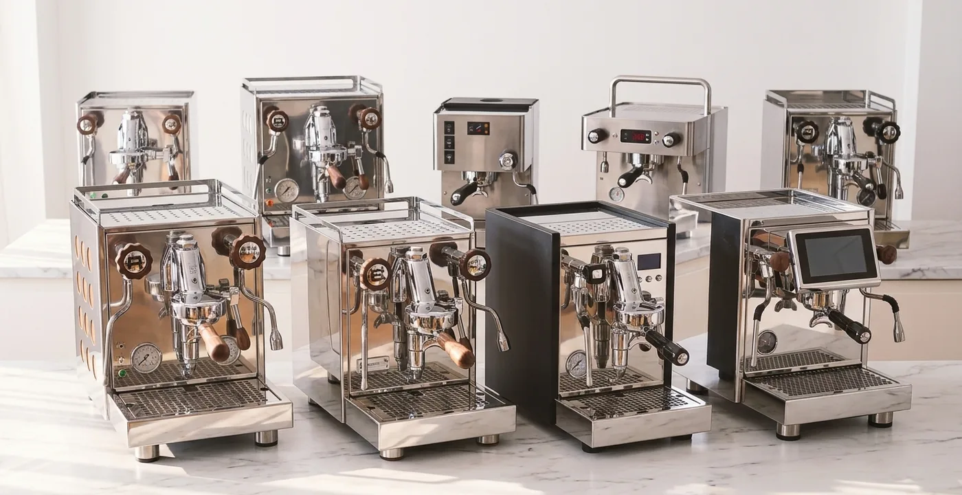 Lelit Bianca V3 prosumer espresso machine pulling a shot on a kitchen counter beside a grinder