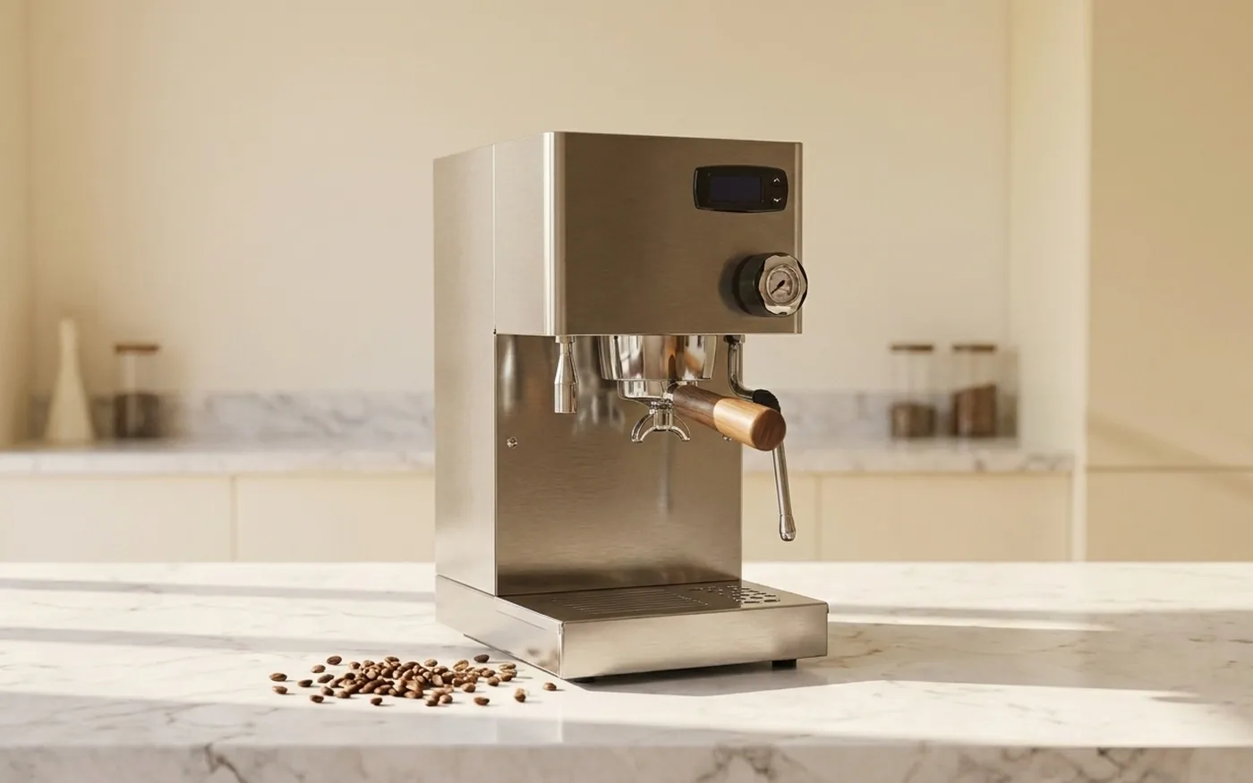 Rocket Mozzafiato Cronometro V espresso machine with digital shot timer display on a marble worktop