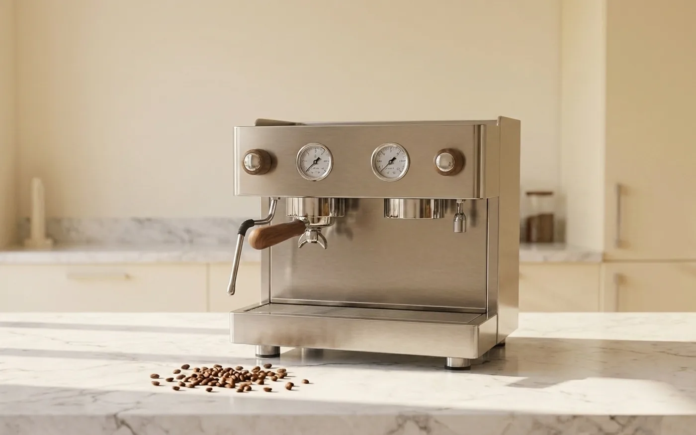 Rocket R58 Cinquantotto dual boiler espresso machine with twin pressure gauges on a marble worktop