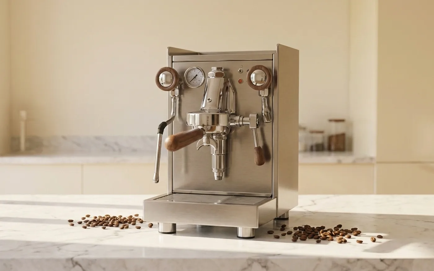 Rocket Giotto Cronometro R espresso machine with its classic stainless steel silhouette on a marble worktop
