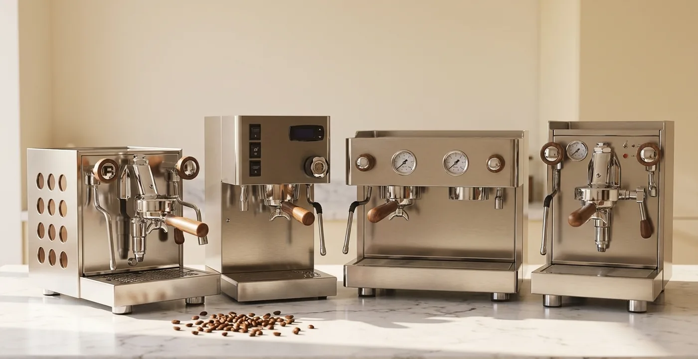 Rocket Espresso Appartamento, Mozzafiato, R58 and Giotto machines lined up on a marble kitchen worktop