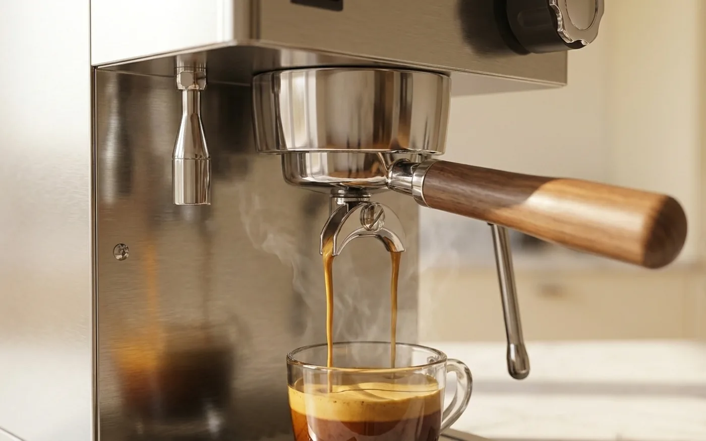 Espresso extracting with golden crema from a stainless steel E61 group head into a glass cup