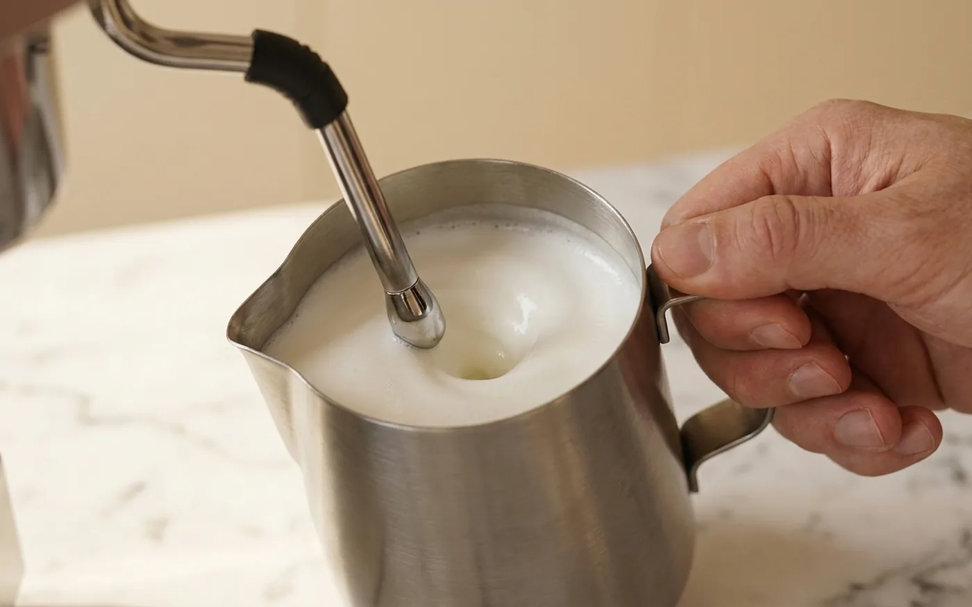 Espresso machine steam wand texturing milk into glossy microfoam in a stainless steel pitcher