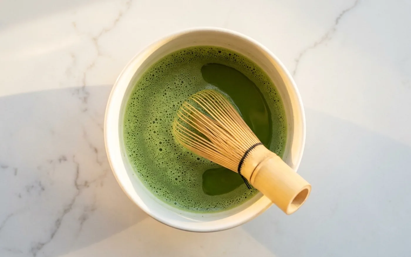 Matcha being whisked in a ceramic bowl showing froth formation