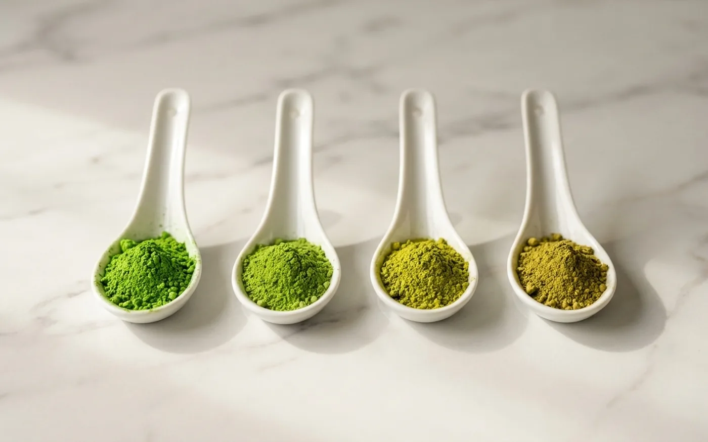 Four matcha samples side by side showing colour differences between ceremonial and culinary grades