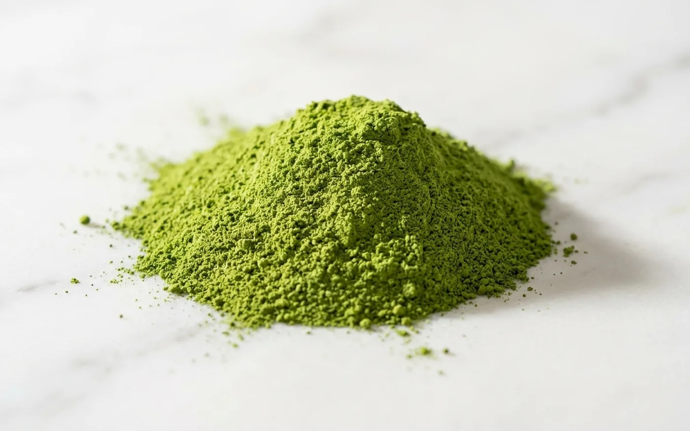 Close-up of vivid green matcha powder showing colour and fine texture