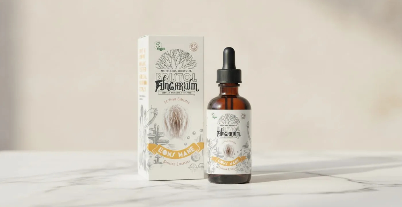 Bristol Fungarium Lion's Mane tincture bottles on wooden surface