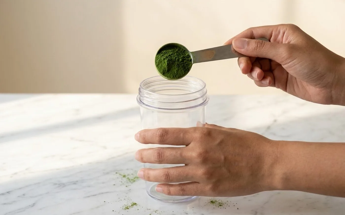 Hands scooping green powder into shaker bottle on white marble countertop