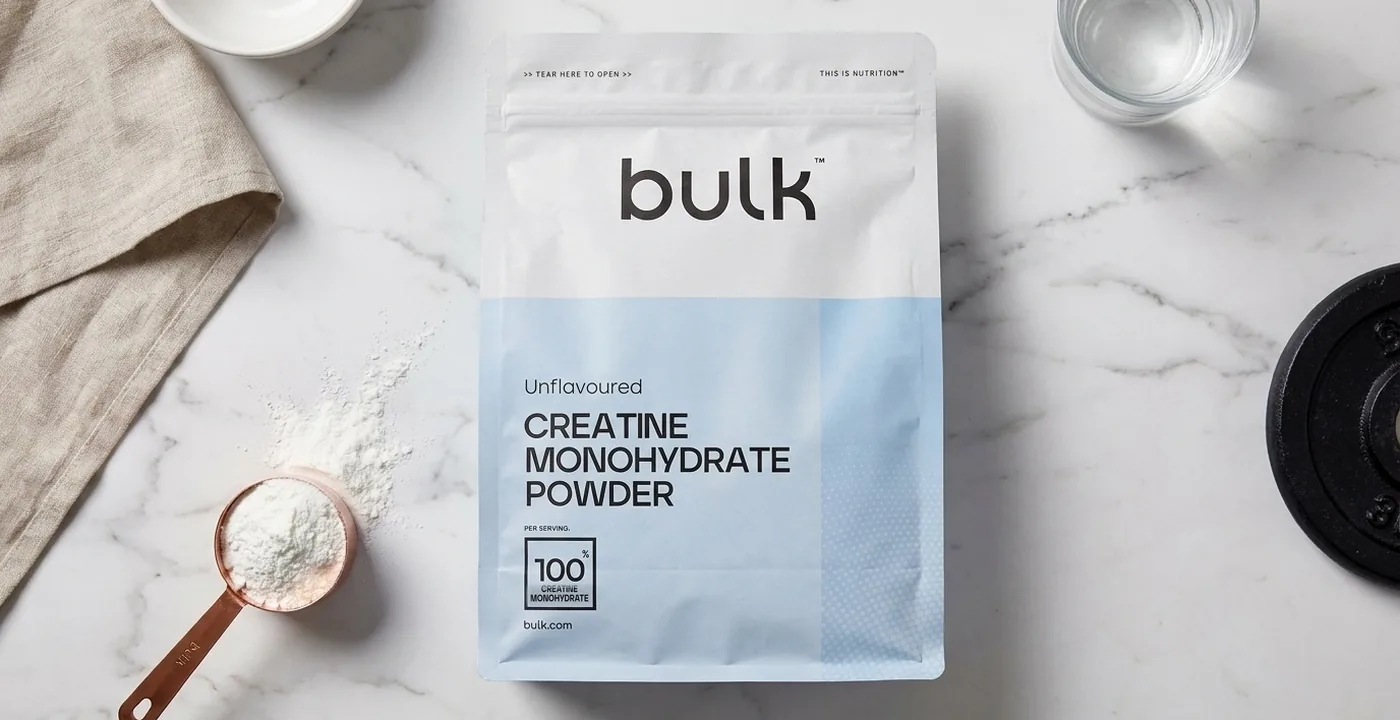 Bulk creatine monohydrate powder tub on white background